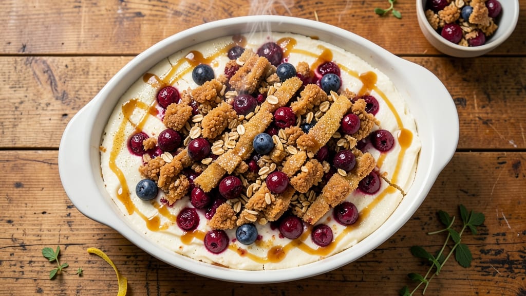 Blueberry Cobbler White Chocolate Cheesecake Recipe: Warm Fruit Crunch Over Creamy Cheesecake Bliss